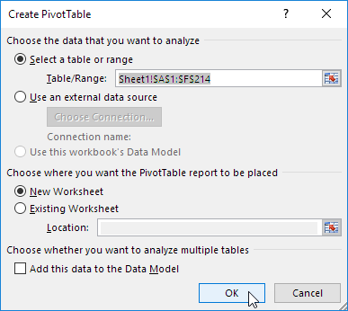 Create PivotTable Dialog Box
