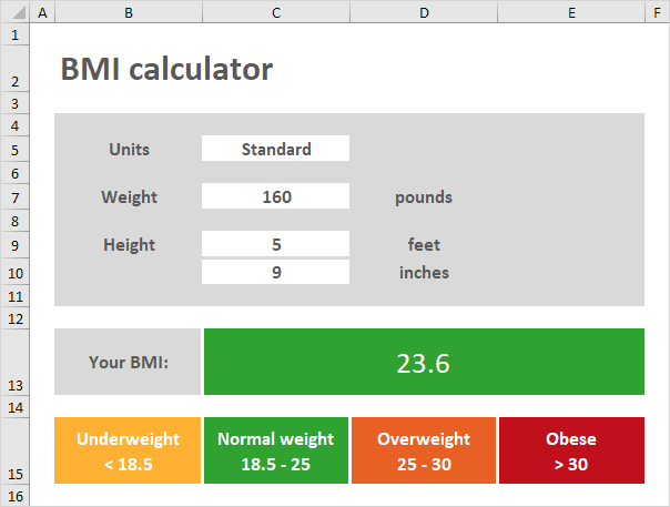 BMI calculator in Excel