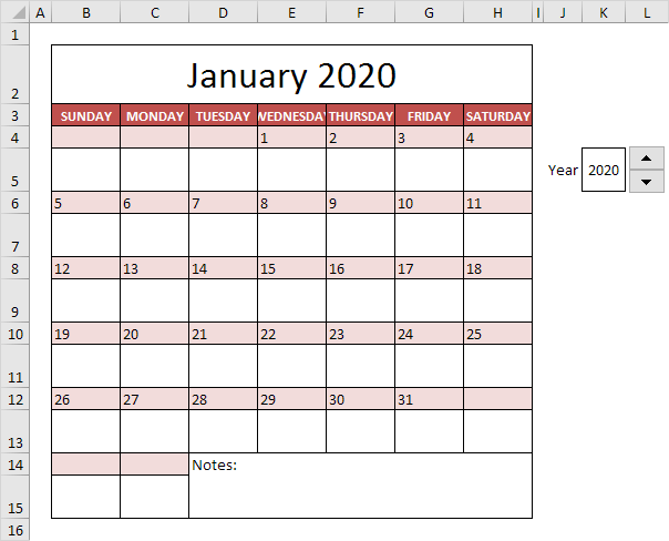 Excel 2020 Calendar