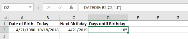 Days until Birthday in Excel