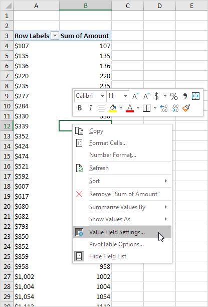 Value Field Settings