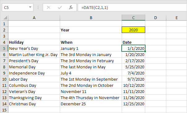 Holidays in Excel