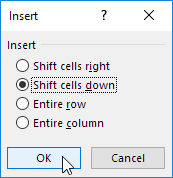 Insert Cells Dialog Box