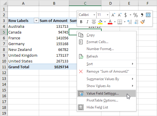 Value Field Settings