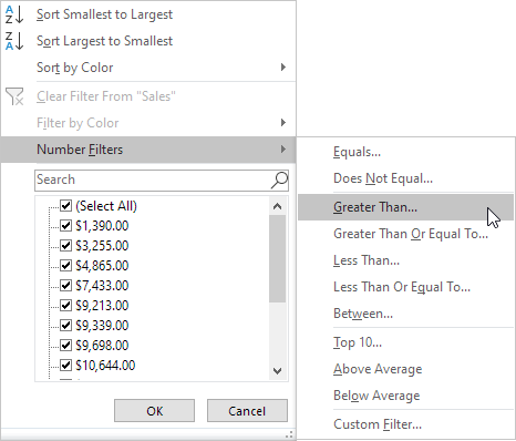 Number Filters in Excel