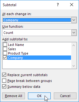 Subtotal Dialog Box