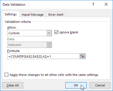 Data Validation Formula