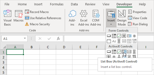 Create a list box in Excel VBA